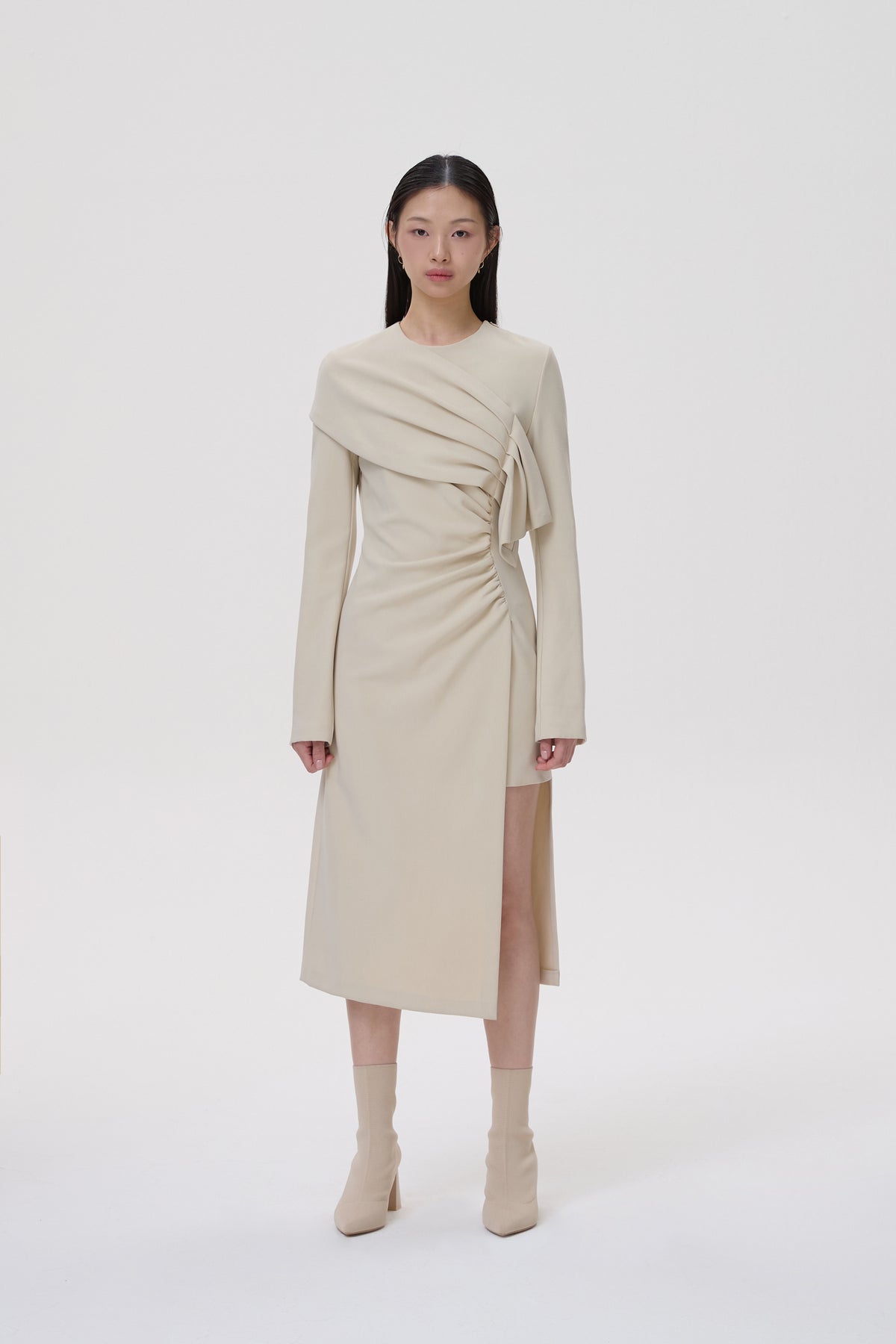 KERRY STRETCH CREPE DRAPED DRESS 8 / Oatmeal