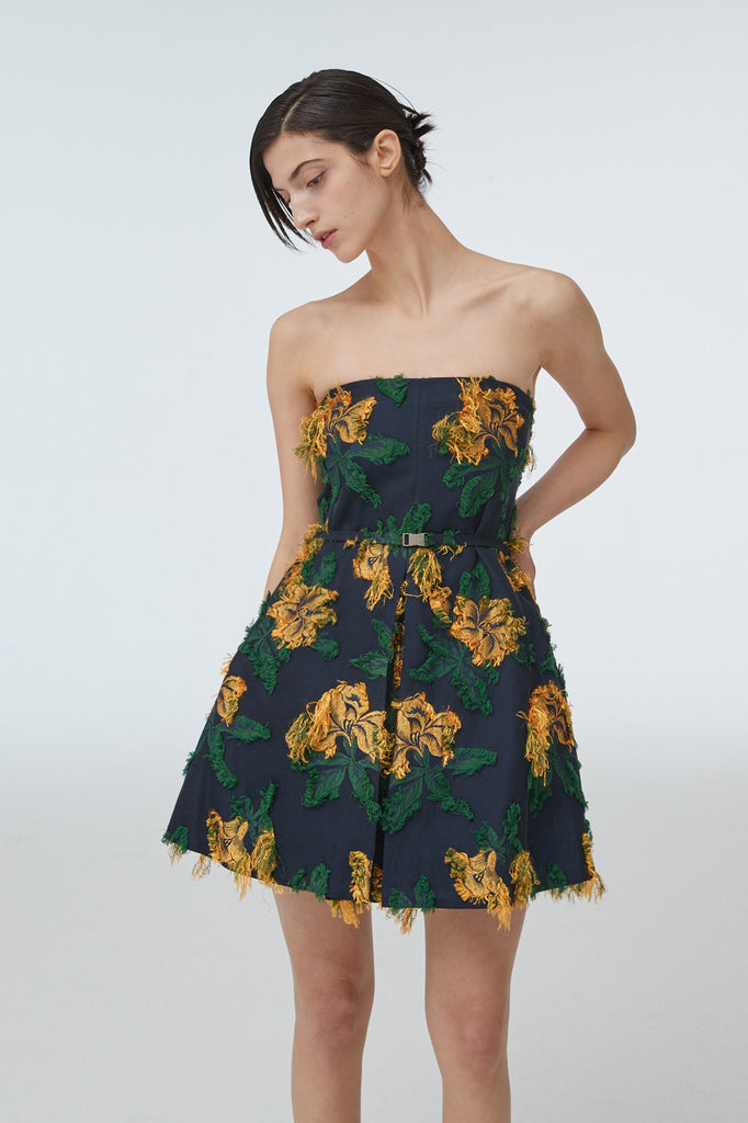 ALANA HIBISCUS JACQUARD STRAPLESS DRESS