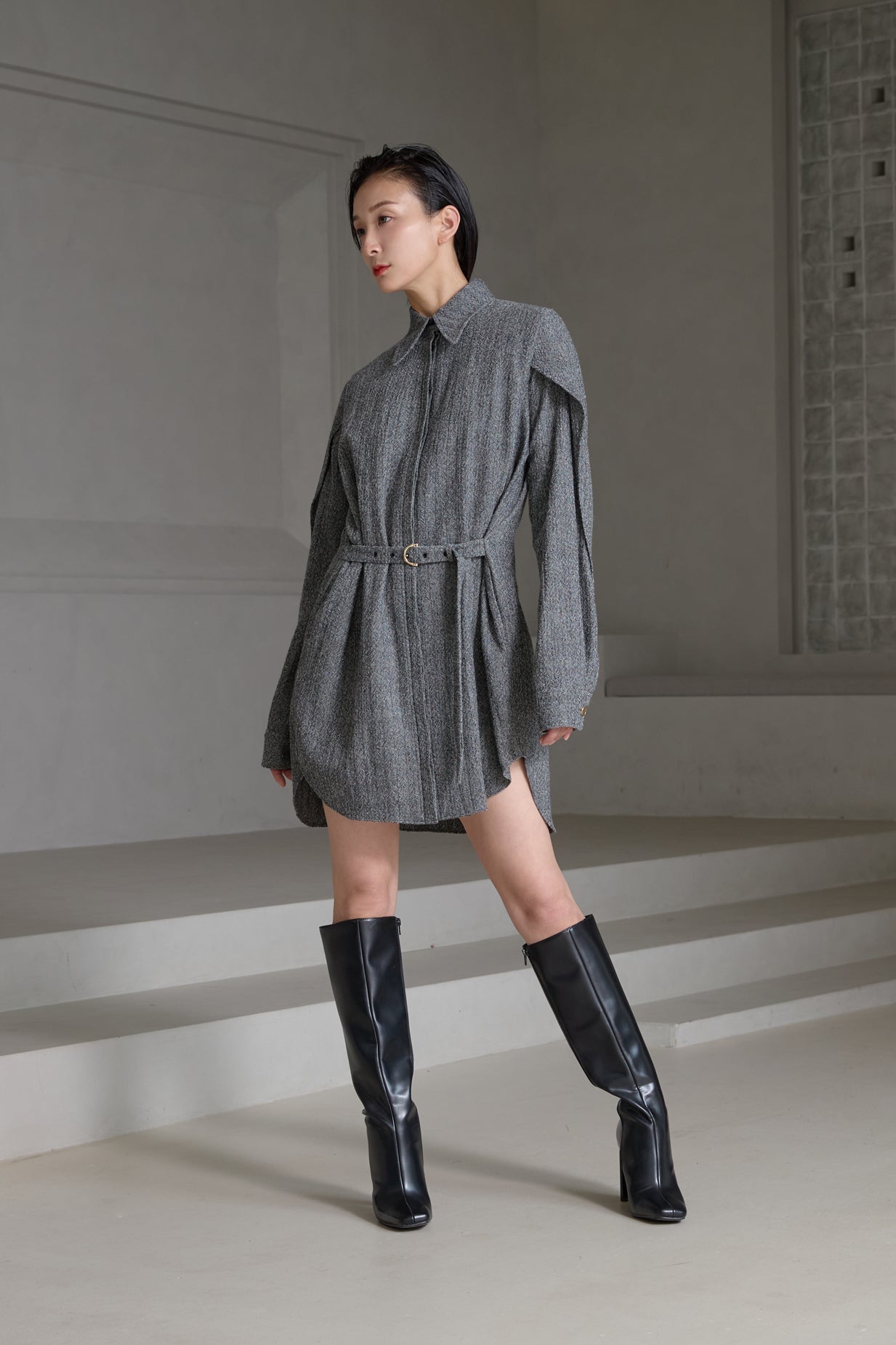 EDITA WOOL HERRINGBONE COAT DRESS | LEHHO