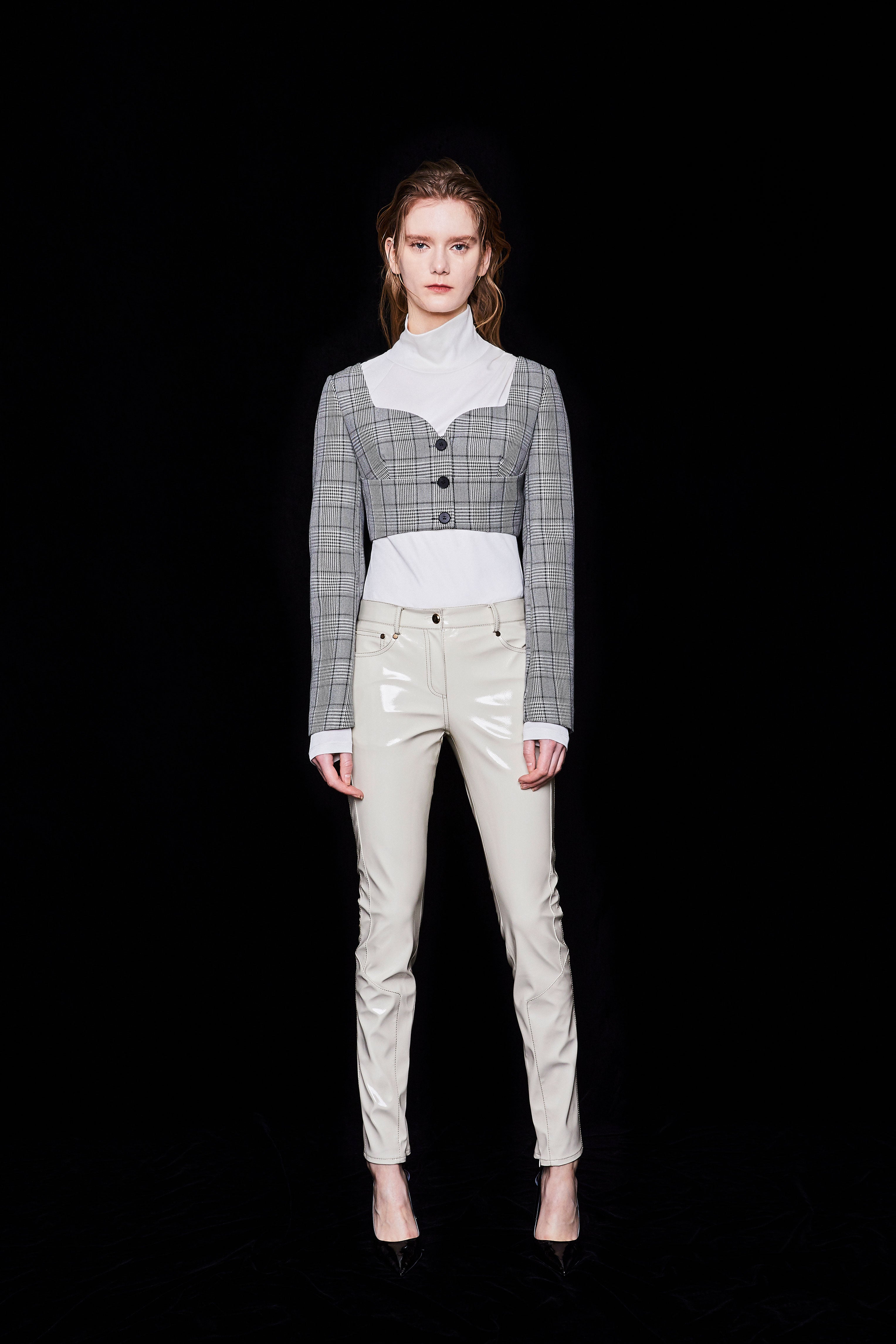 Y&#39;s - Y&#39;s ワイズ 23AW WOOL GLEN CHECK LACE-UP SHOULDER DETAIL TOP レースアップショルダーグレンチェックトップス YJ-B15-114 グレー 1 Y's ワイズ 23AW WOOL GLEN CHECK LACE-UP SHOULDER DETAIL TOP